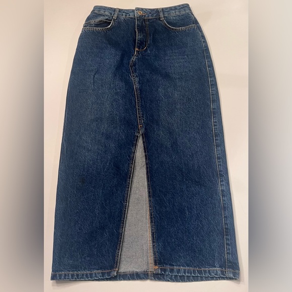 ZARA 70s Blue Cotton Denim Jean Front Vent‎ Midi Skirt Size Small - Picture 7 of 14
